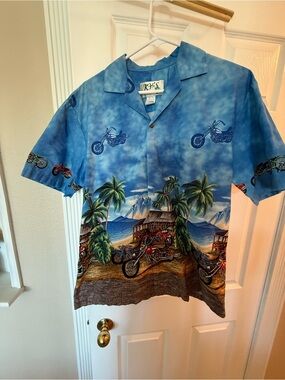 KY'S Blue Hawaiian Motorcycle Print Camp Shirt